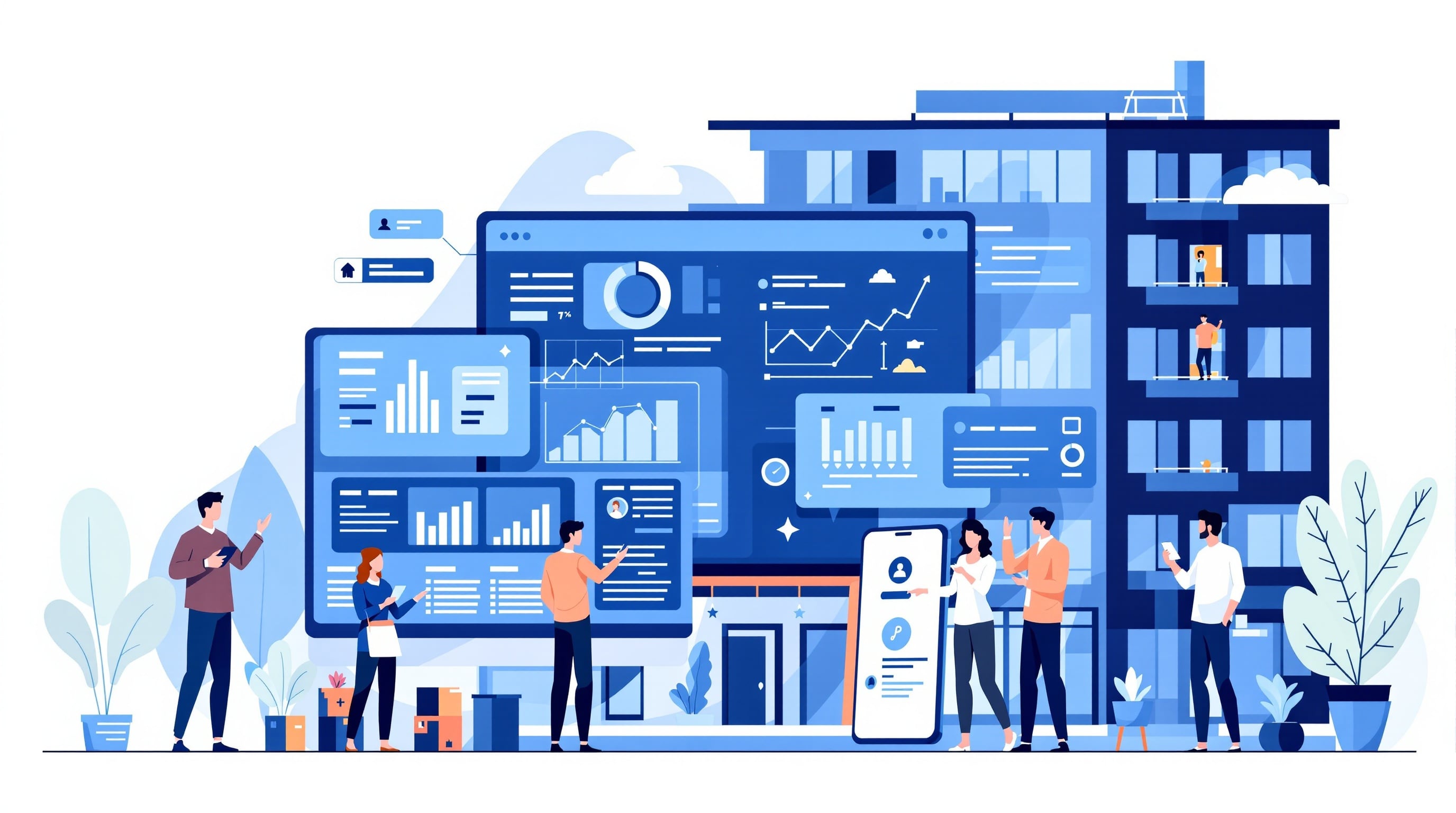 Plataforma de gestión de condominios CondoXmart Management mostrando dashboards y analíticas